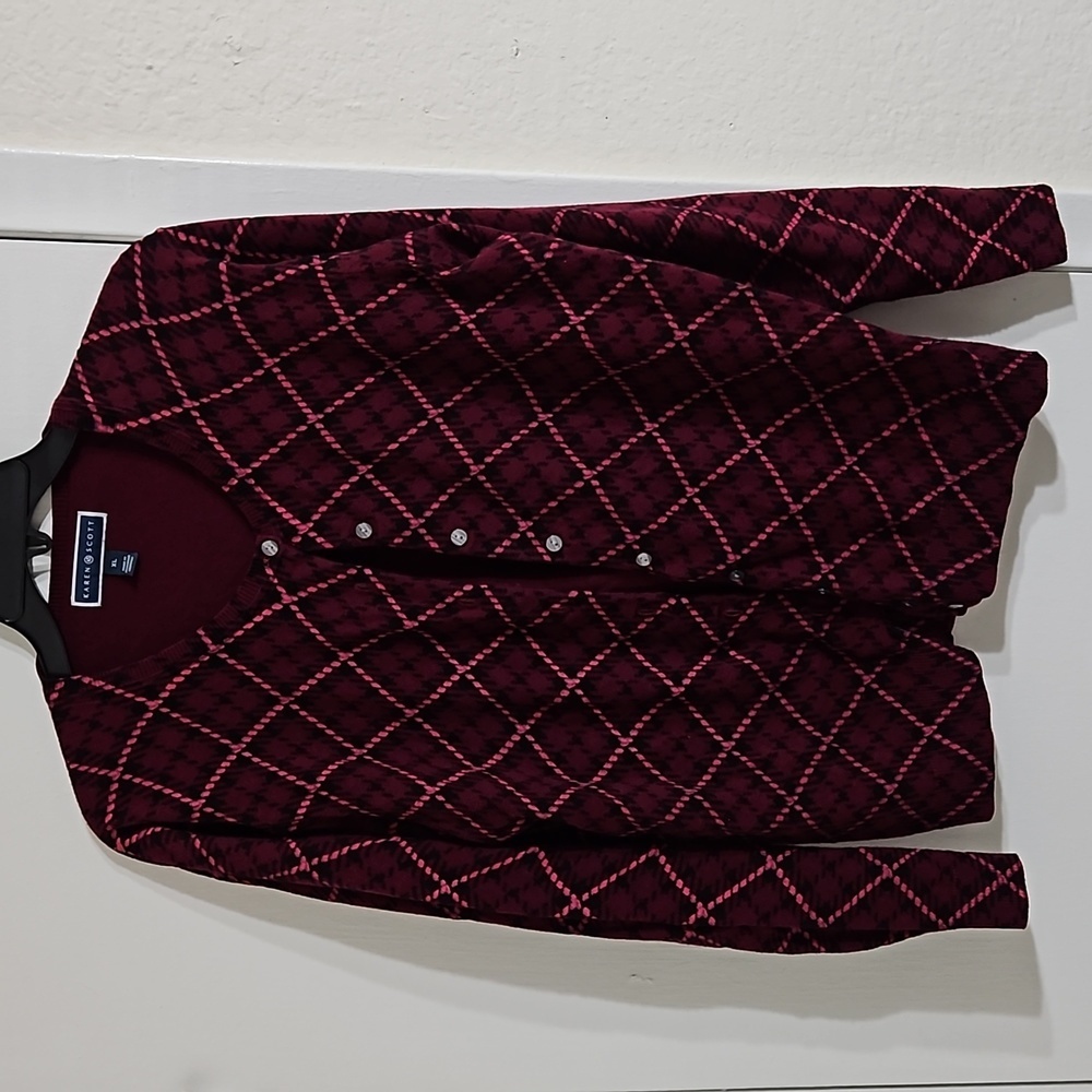 Burgundy & Pink Cardigan, Stylish Colorblock with Buttons, (Size XL)